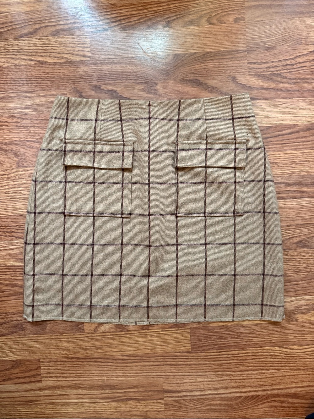 Reformation Camel Plaid Mini Skirt with Flap Pockets